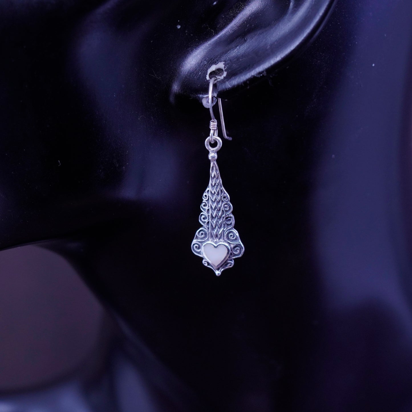 Sterling silver handmade earrings filigree 925 dangles w/ heart mother of pearl