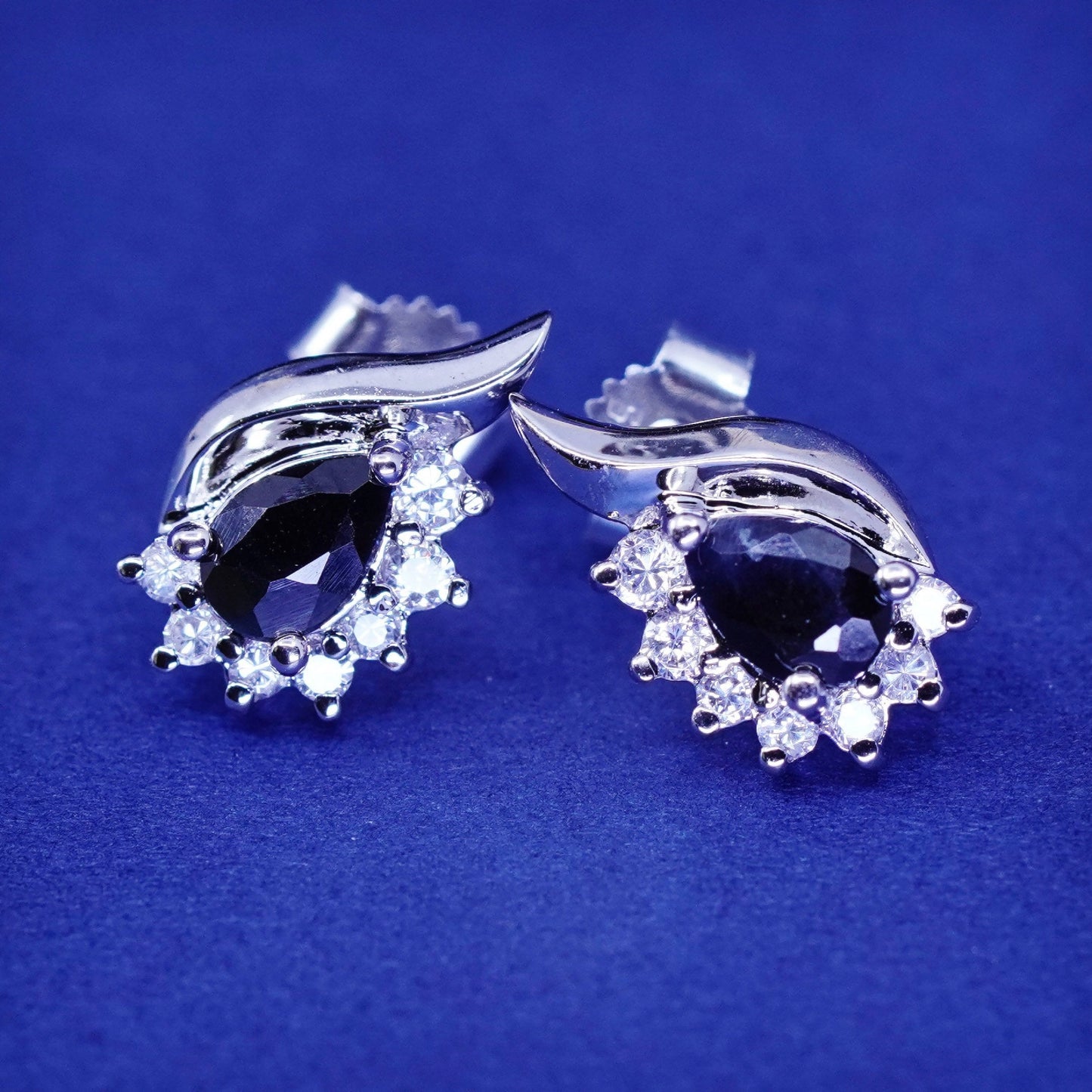 vtg sterling silver handmade earrings, 925 studs with cluster Cz and sapphire