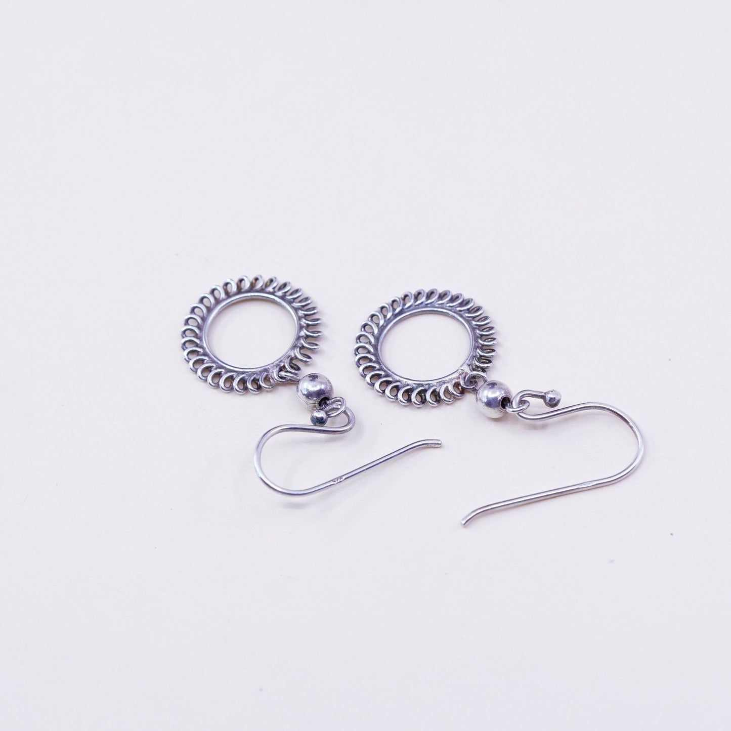Vintage sterling silver handmade earrings, 925 textured circles dangle