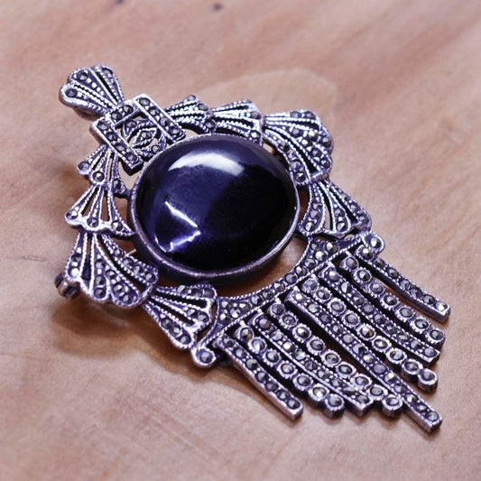 Vintage Sterling 925 silver handmade pendant brooch w/ oval obsidian marcasite