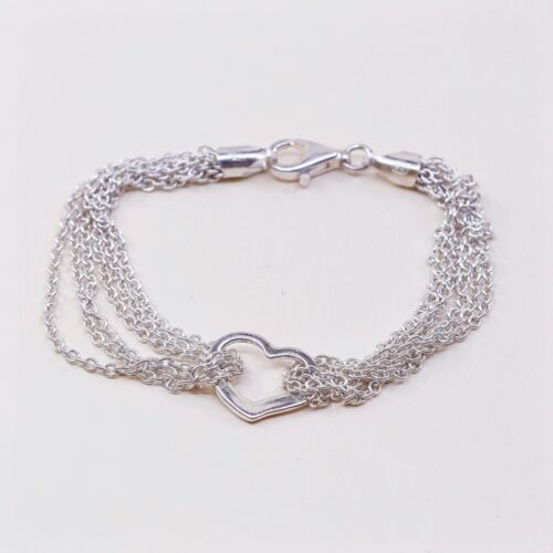 6.75” Sterling Silver Bracelet Multi Strands 925 Circle Chain W/ Heart Charm