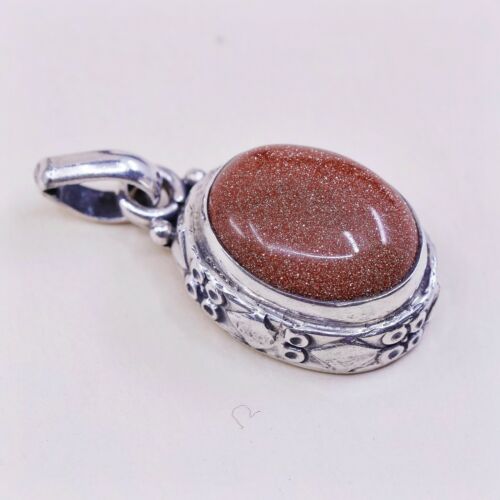 Vintage Sterling Silver Handmade Pendant, 925 Silver W/ Oval Goldstone