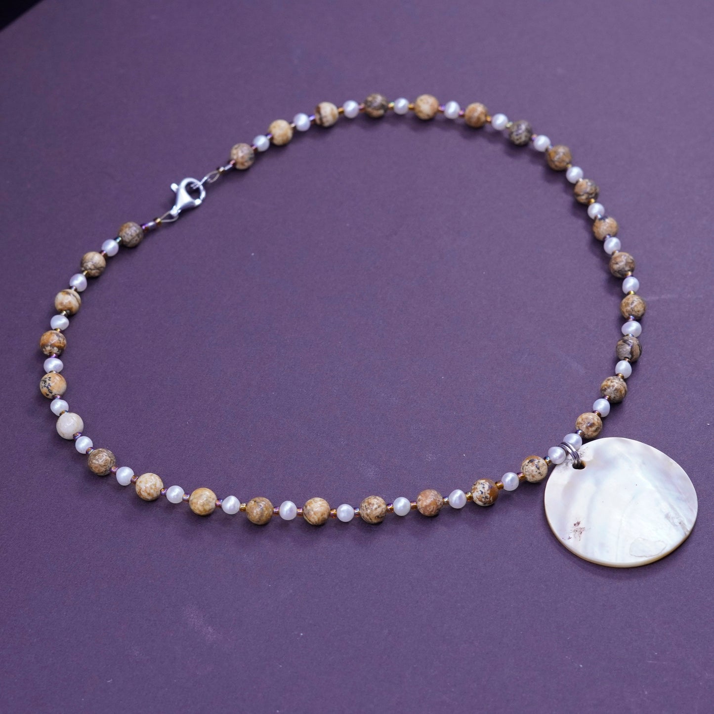 16” Vintage Sterling silver Handmade necklace with jasper and pearl beads
