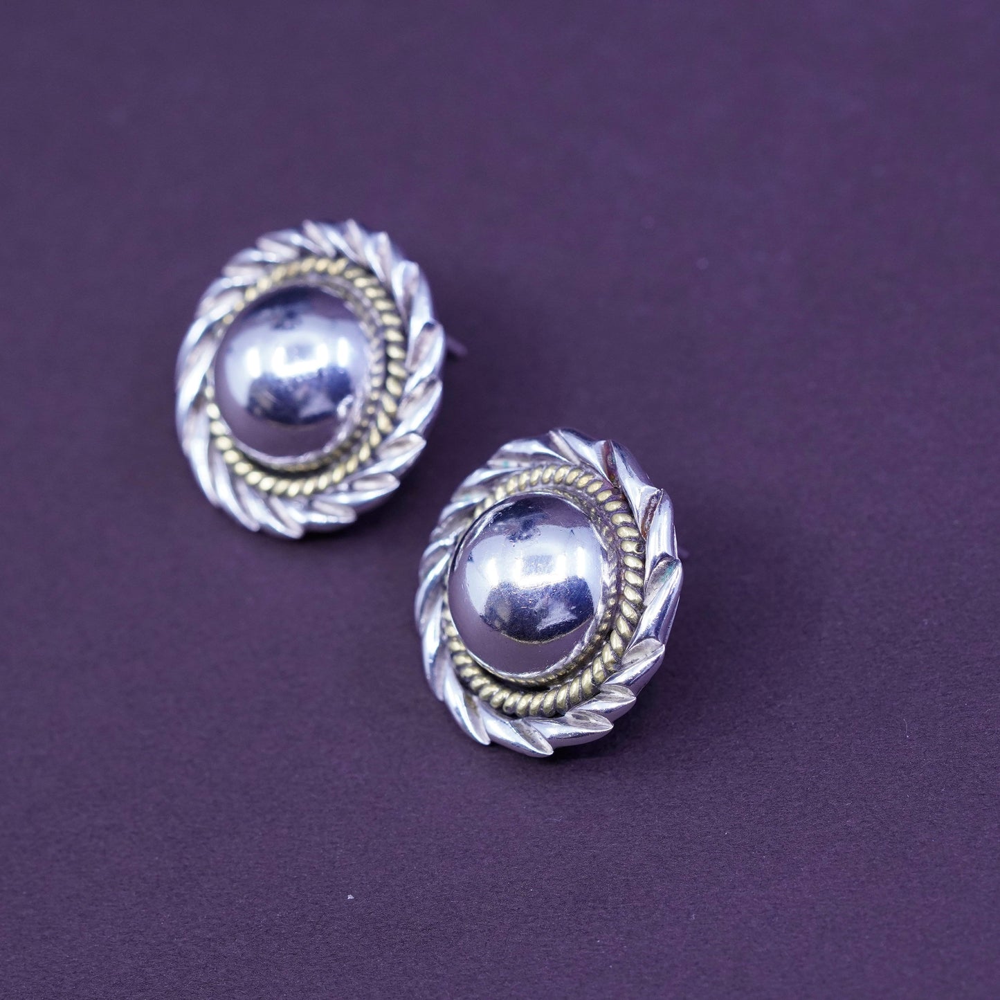 two tone Mexico Sterling silver handmade earrings, 925 studs with brass cable