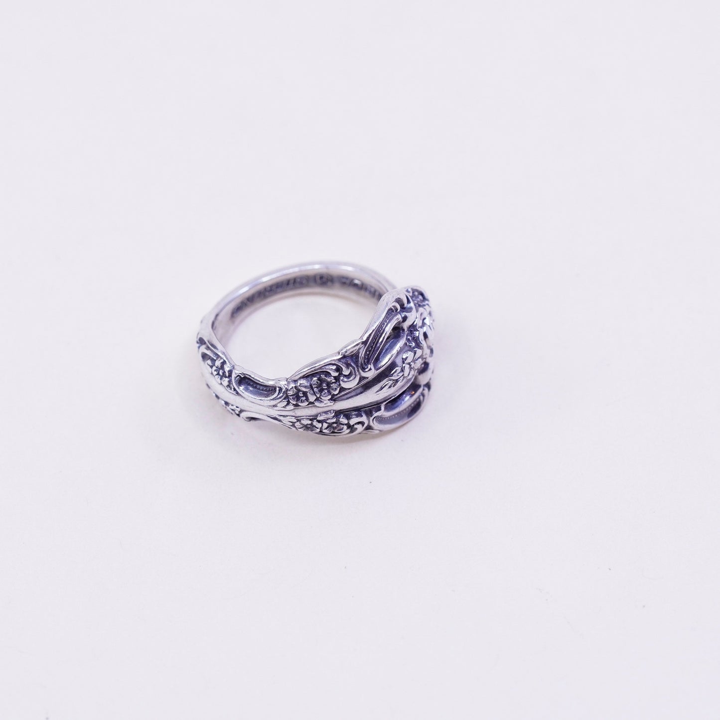 Size 7.25, Vintage Oneida Sterling 925 silver handmade spoon wrap ring flower