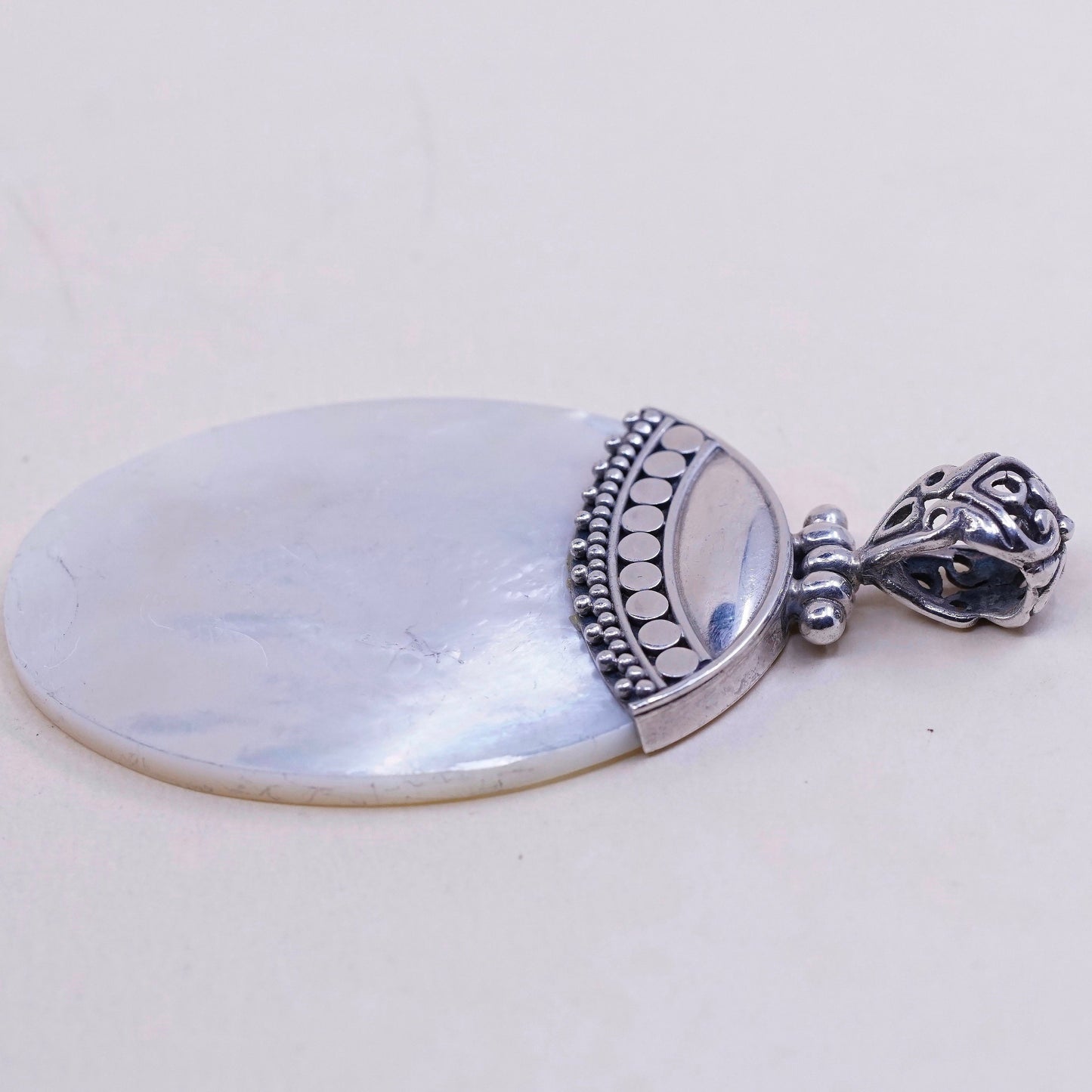 vtg sterling silver handmade pendant, 925 oval pendant with mother of pearl