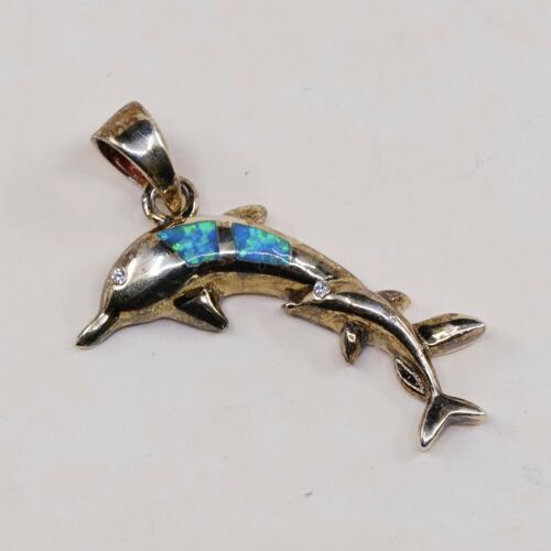 Vtg Vermeil Gold Over Sterling Silver Dolphin Pendant W/ Opal Inlay