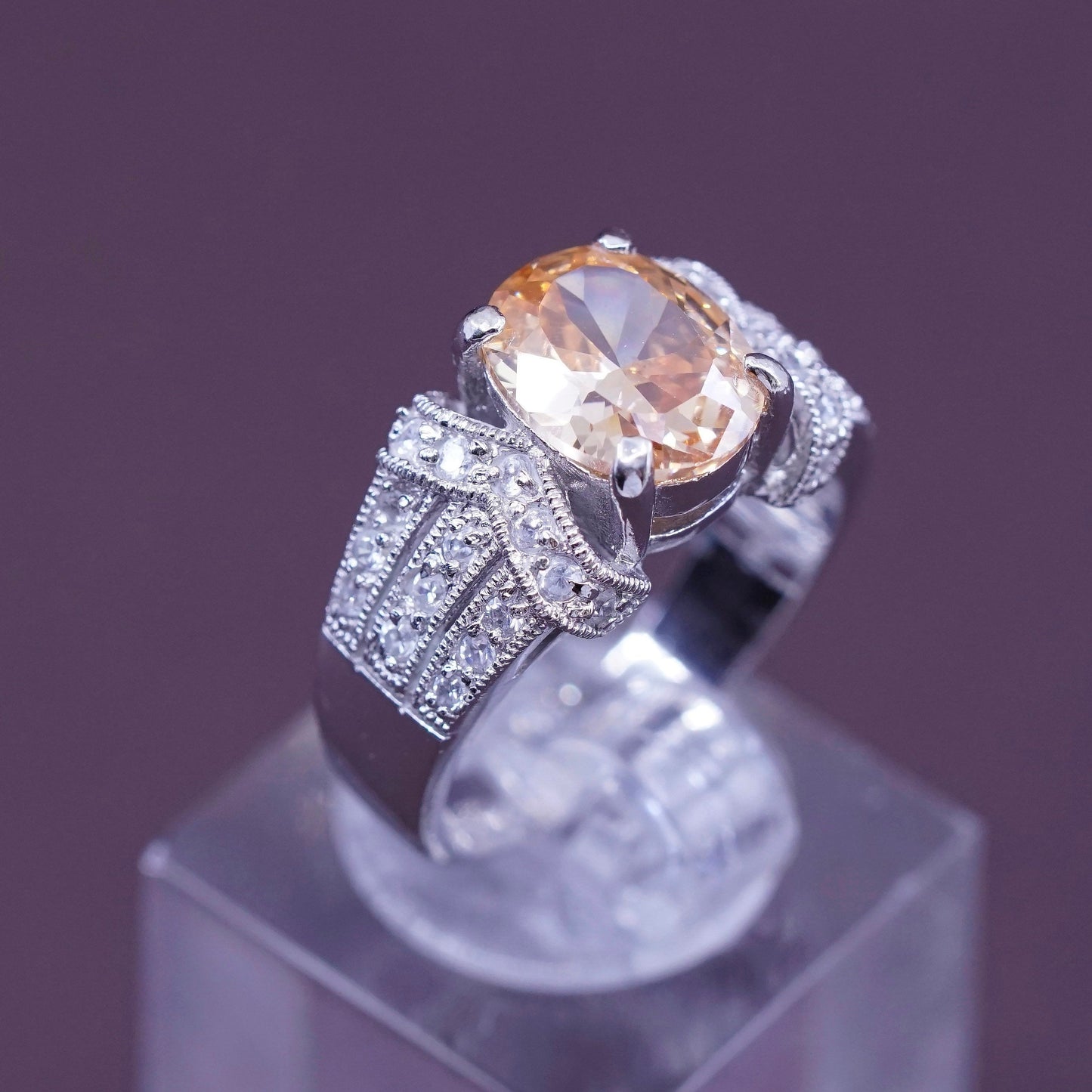 Size 7.5, vintage Sterling 925 silver handmade ring with orange citrine and cz