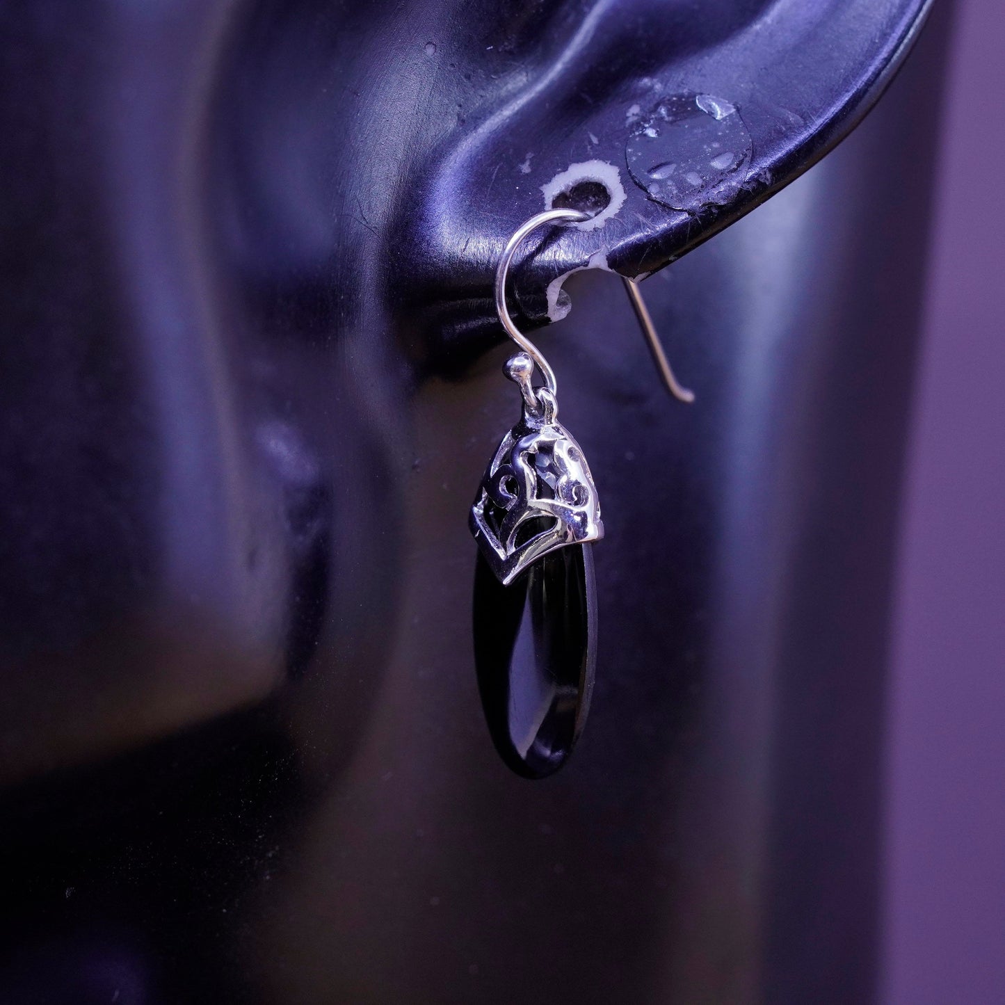 Vintage Sterling 925 silver handmade earrings with obsidian dangles