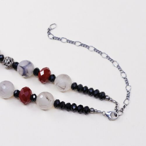 18+2”, Vtg 925 Sterling Silver Figaro chain necklace W/ Red Stone Agate Beads