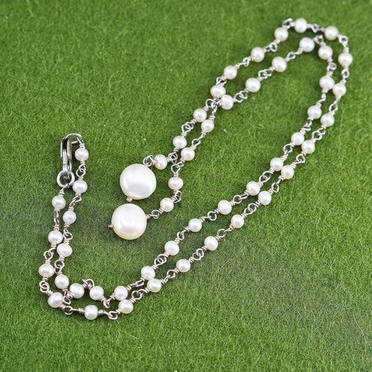 16”, Vintage sterling silver handmade necklace with pearl and pendant