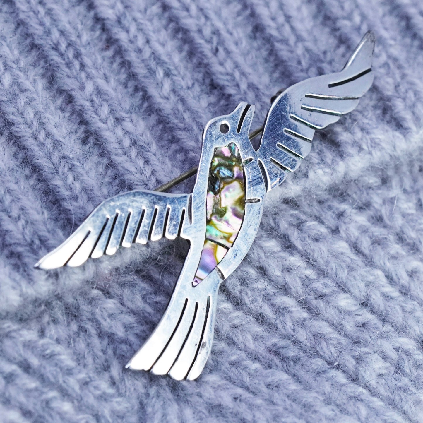 Vintage Mexico sterling 925 silver handmade bird brooch, pin with abalone