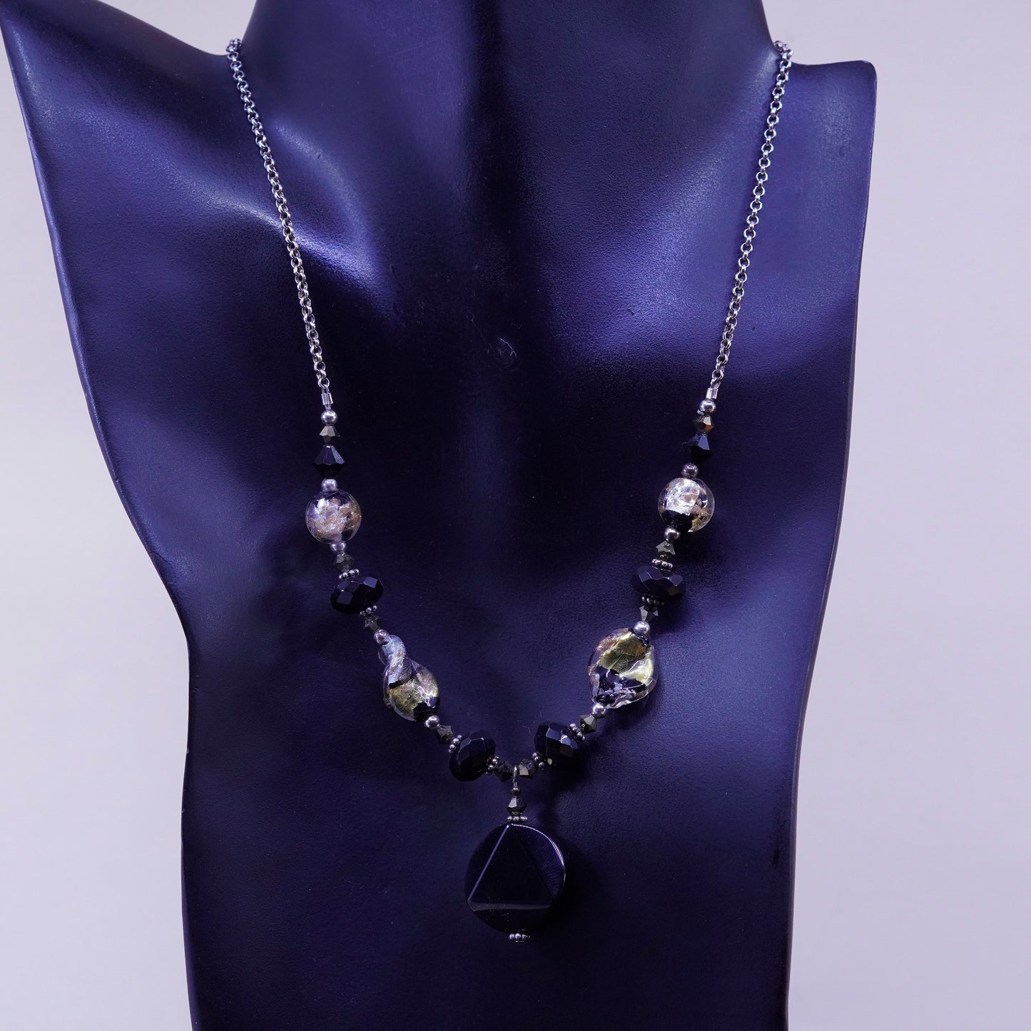 16+2”, sterling 925 silver chain necklace with obsidian beads and pendant