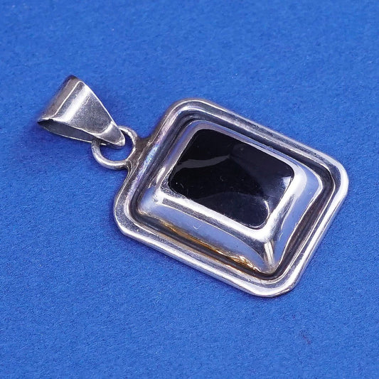 vtg Sterling silver handmade pendant, mexico 925 cable w/ square obsidian