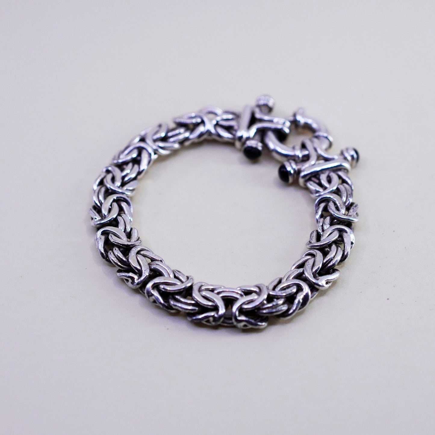 7”, vtg bold Sterling silver handmade bracelet, 925 Byzantine, birdcage chain