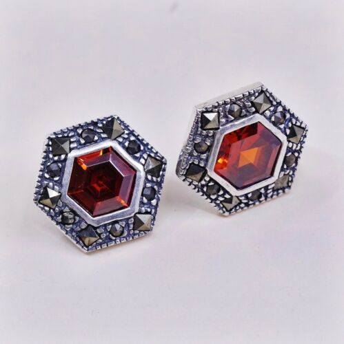 Vtg Sterling Silver Handmade Earrings, 925 Silver Studs W/ Marcasite N Ruby