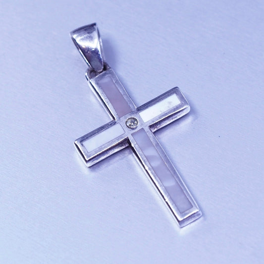 antique sterling 925 silver cross pendant with mother of pearl and Cz