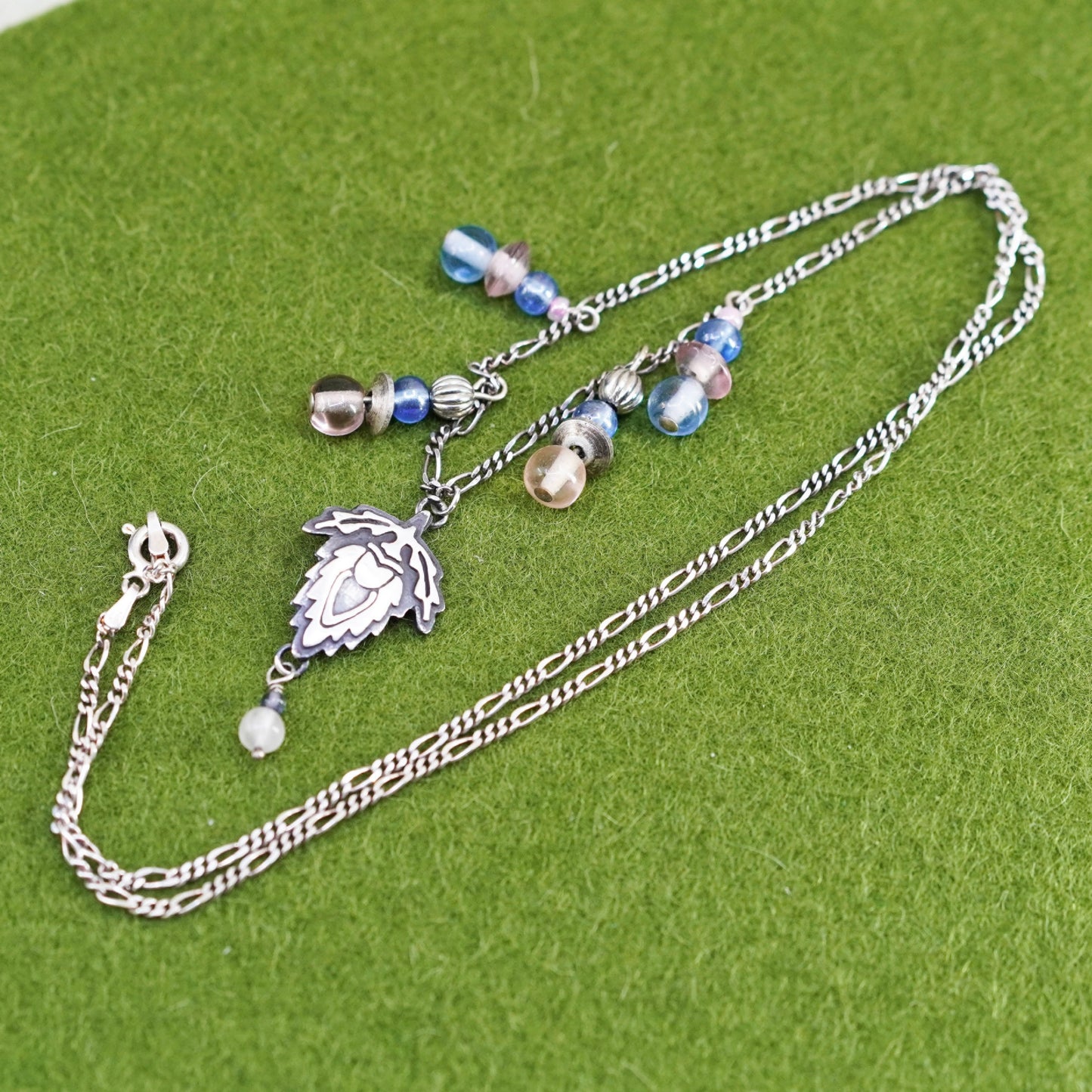 20”, far fetched sterling silver necklace, 925 figaro chain w/ blue glass beads