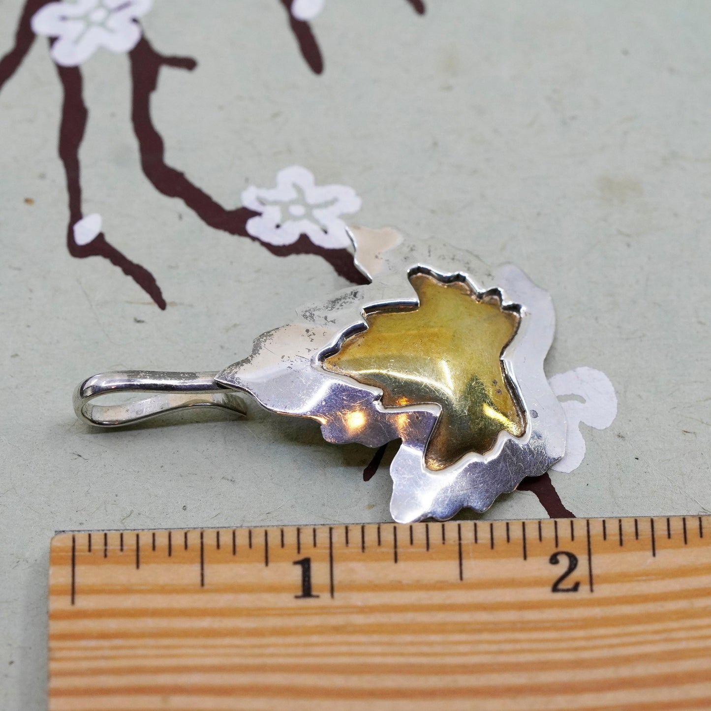 Vintage Sterling silver handmade pendant, 925 maple leaf with brass