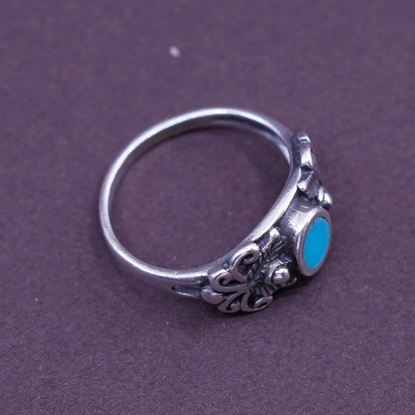 Size 1.5, vtg Sterling 925 silver handmade ring w/ turquoise N filigree flower