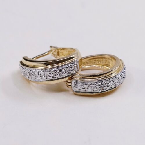 0.5”, Vermeil Gold sterling silver earrings Hoops Huggie W Diamond, Stamped 925