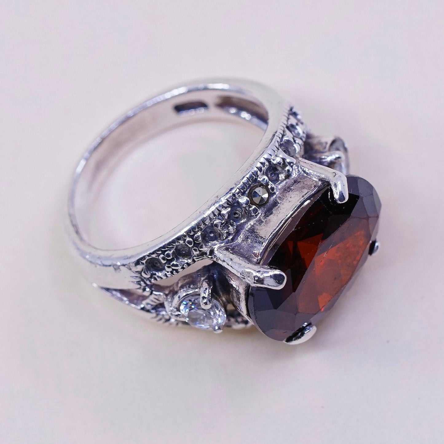 Size 6, Vintage sterling silver handmade ring, 925 with ruby and Cz