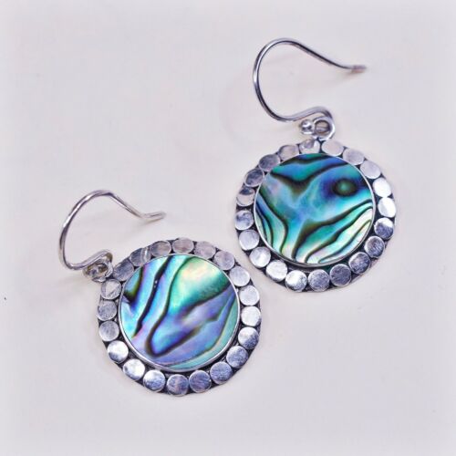 Vtg Sterling Silver Handmade Earrings, 925 Round abalone W/ Beads, Stamped 925