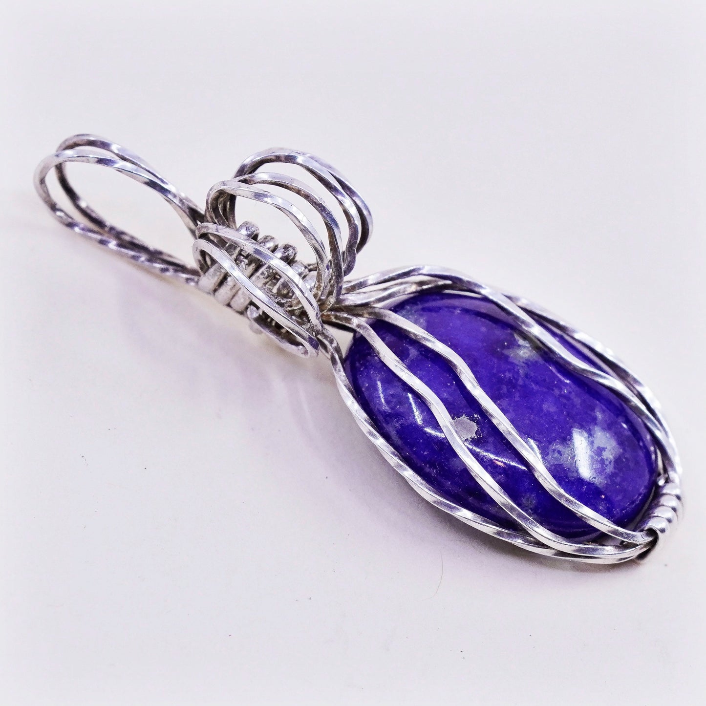 Vintage Sterling 925 silver handmade wired pendant with oval lapis lazuli