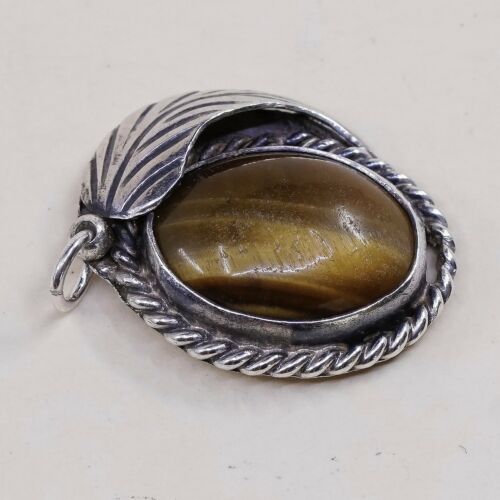 Vtg Sterling Silver handmade Golden tiger eye Pendant, 925 silver Leaf