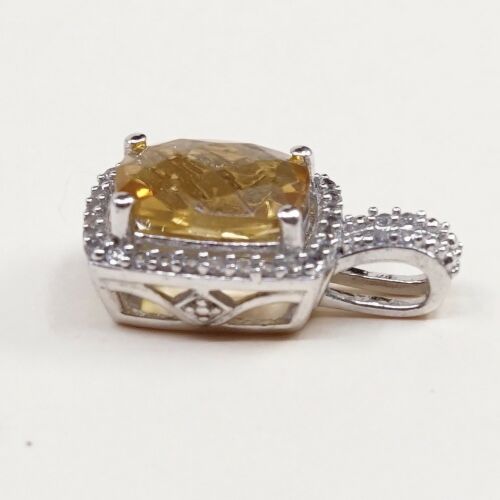 Vtg Designer PM Sterling Silver Pendant, 925 W/ Cushion Cut Citrine N Crystal