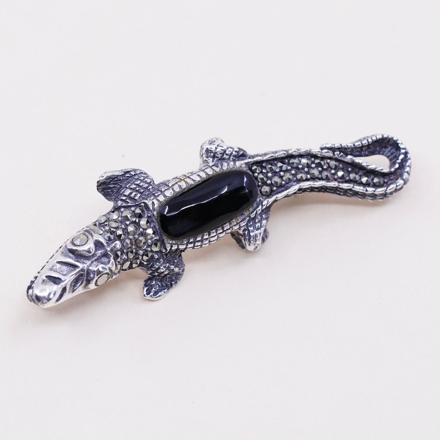 vtg Sterling 925 silver alligator crocodile brooch w/ obsidian N marcasite