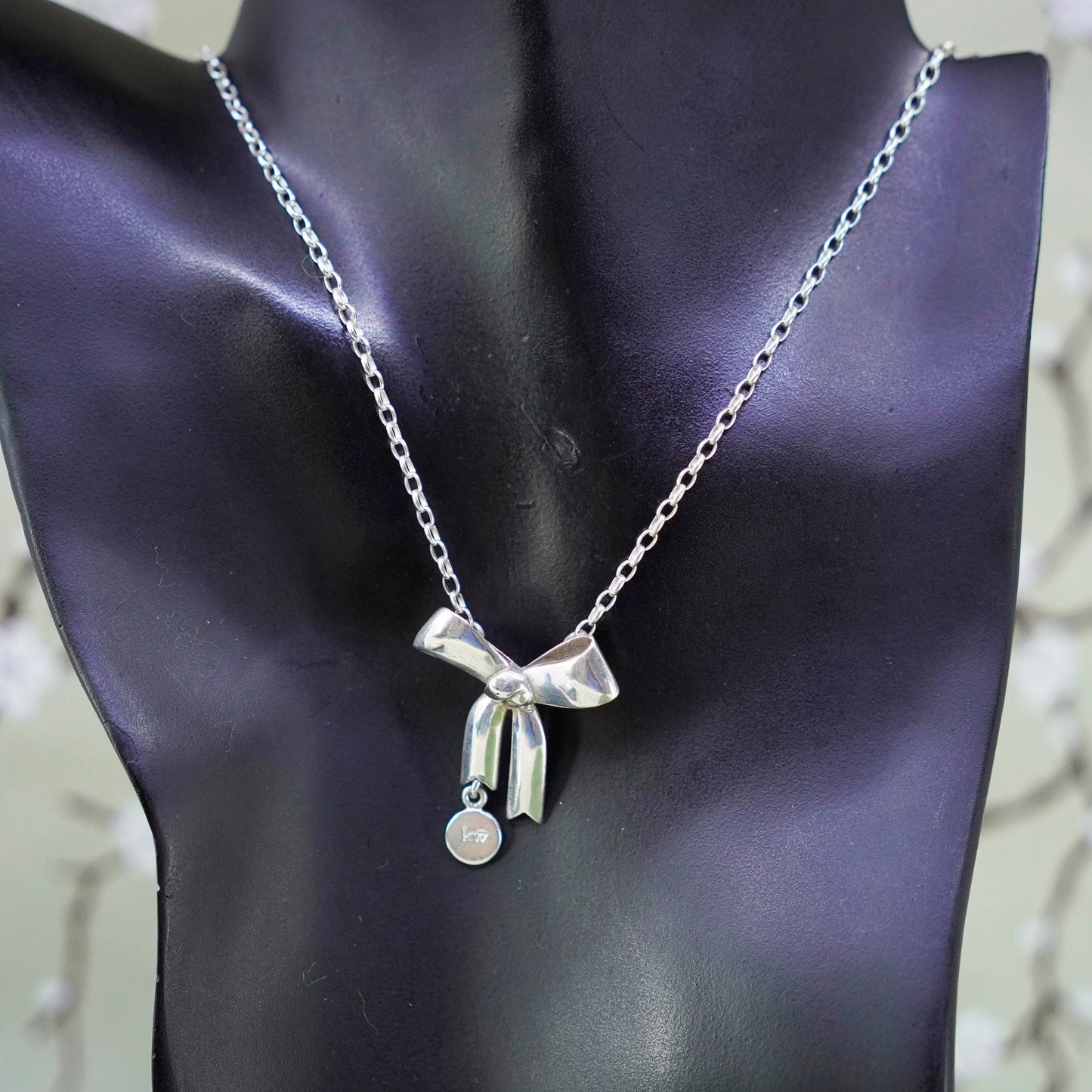 20” KW sterling 925 silver handmade necklace, circle chain ribbon bow pendant