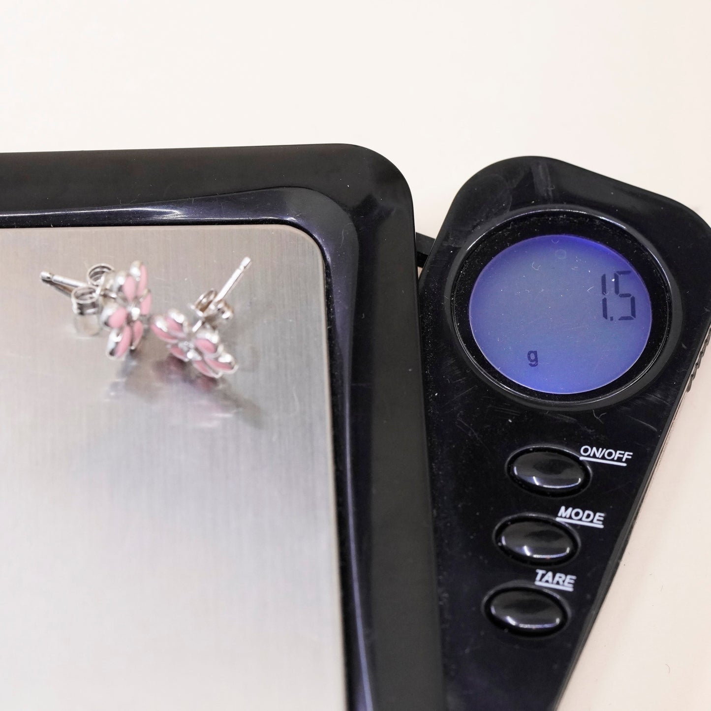 Vintage sterling 925 silver pink enamel plumeria flower studs with clear cz