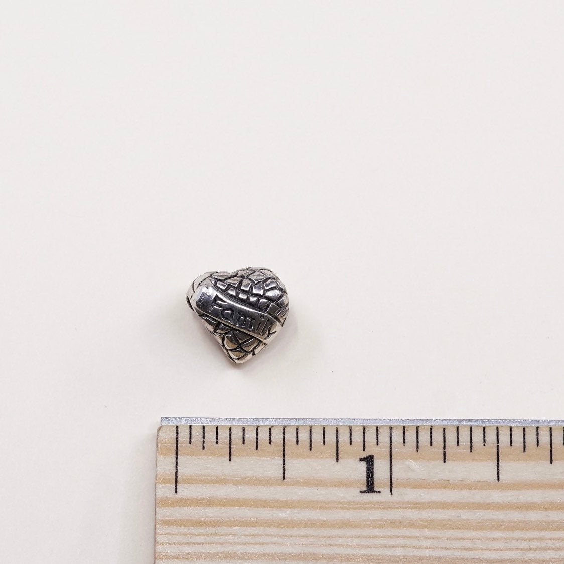 VTG Sterling silver handmade bead charm, 925 heart pendant embossed family