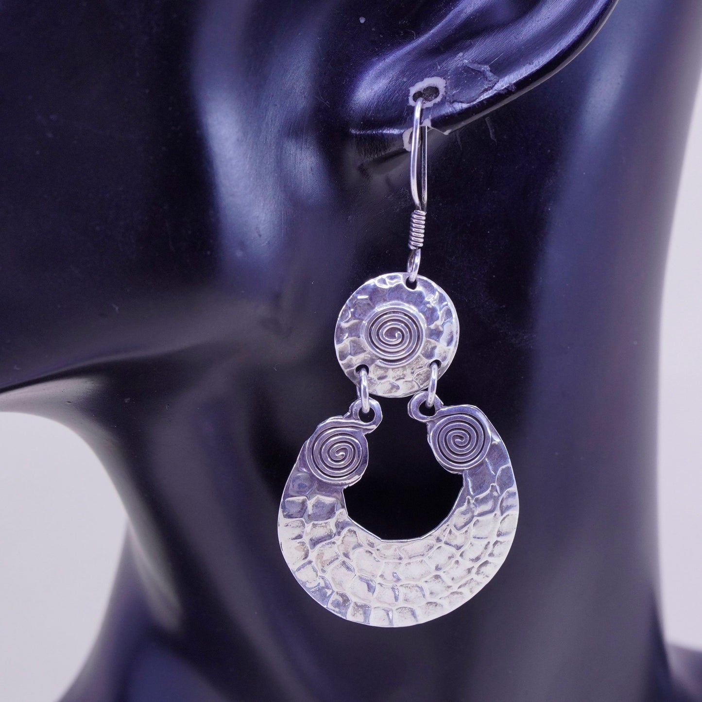 Vintage sterling silver handmade earrings, huge 925 circle w/ hammered texture