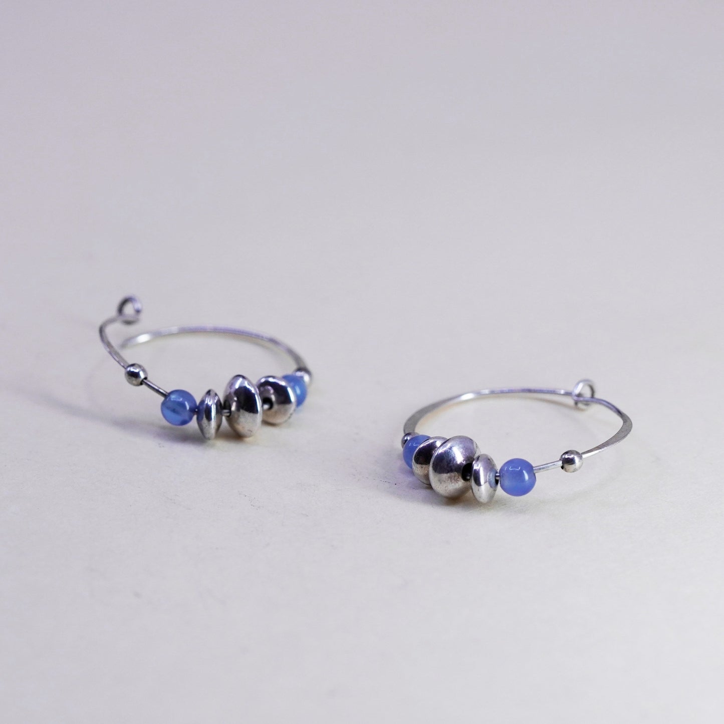 0.75”, sterling 925 silver loop earrings, primitive hoops blue cats eye beads