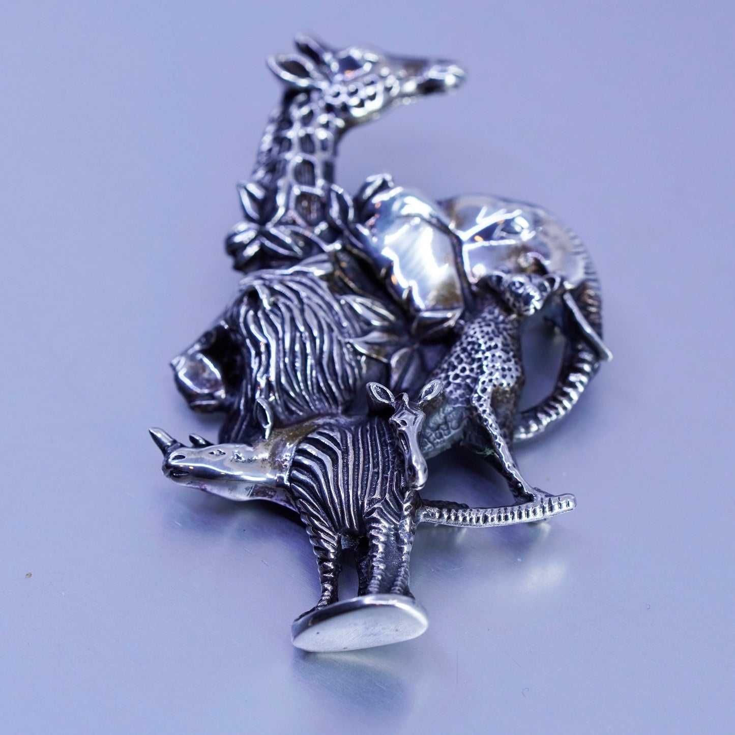 Mexico sterling silver brooch 925 elephant giraffe lion leopard zebra rhino pin