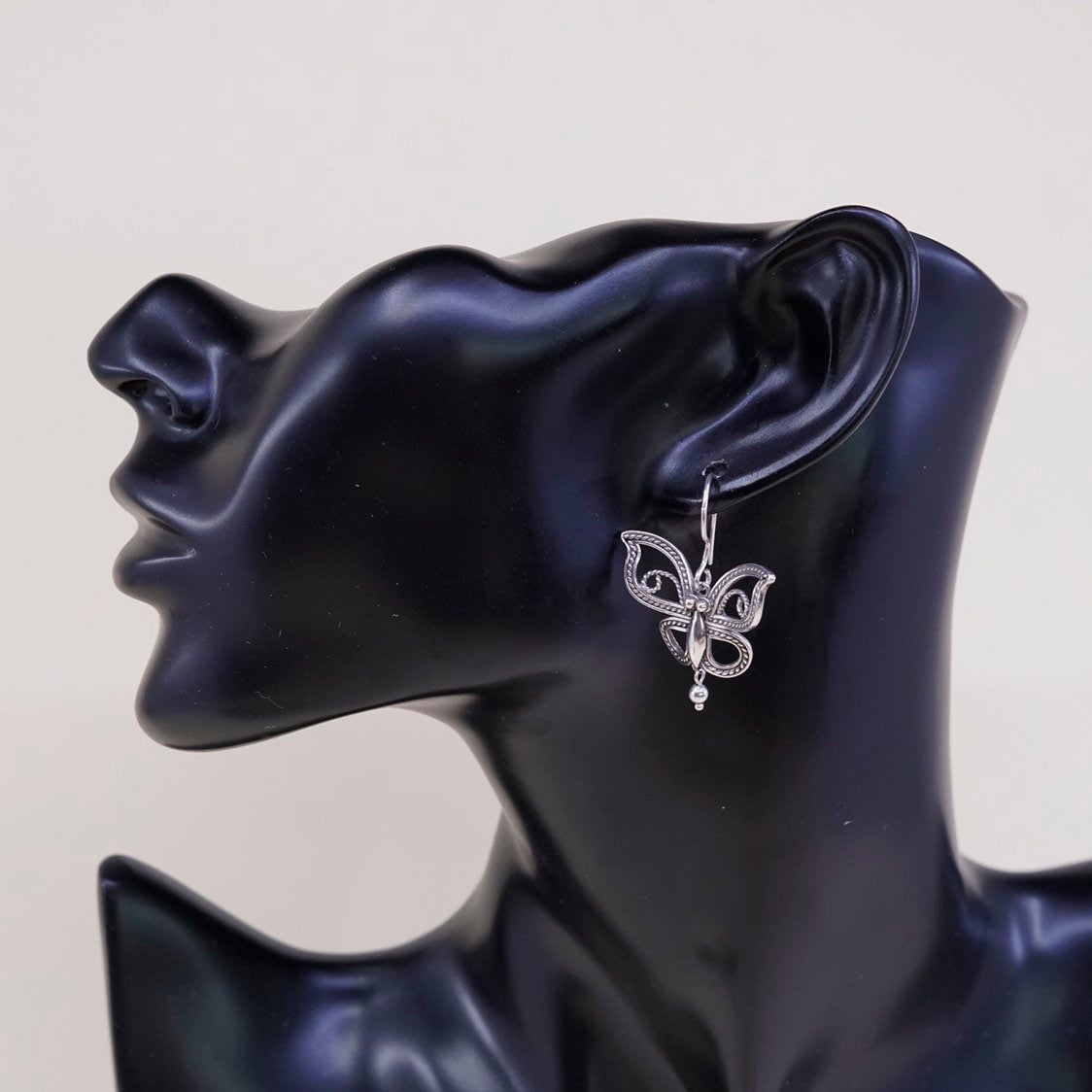 vtg BJ sterling silver handmade earrings, 925 butterfly w/ bead dangles
