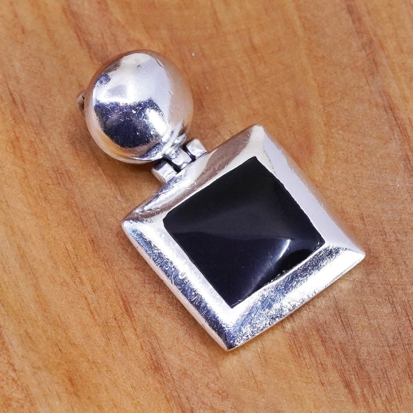 Vintage Sterling silver handmade pendant, Mexico 925 square w/ black onyx drop