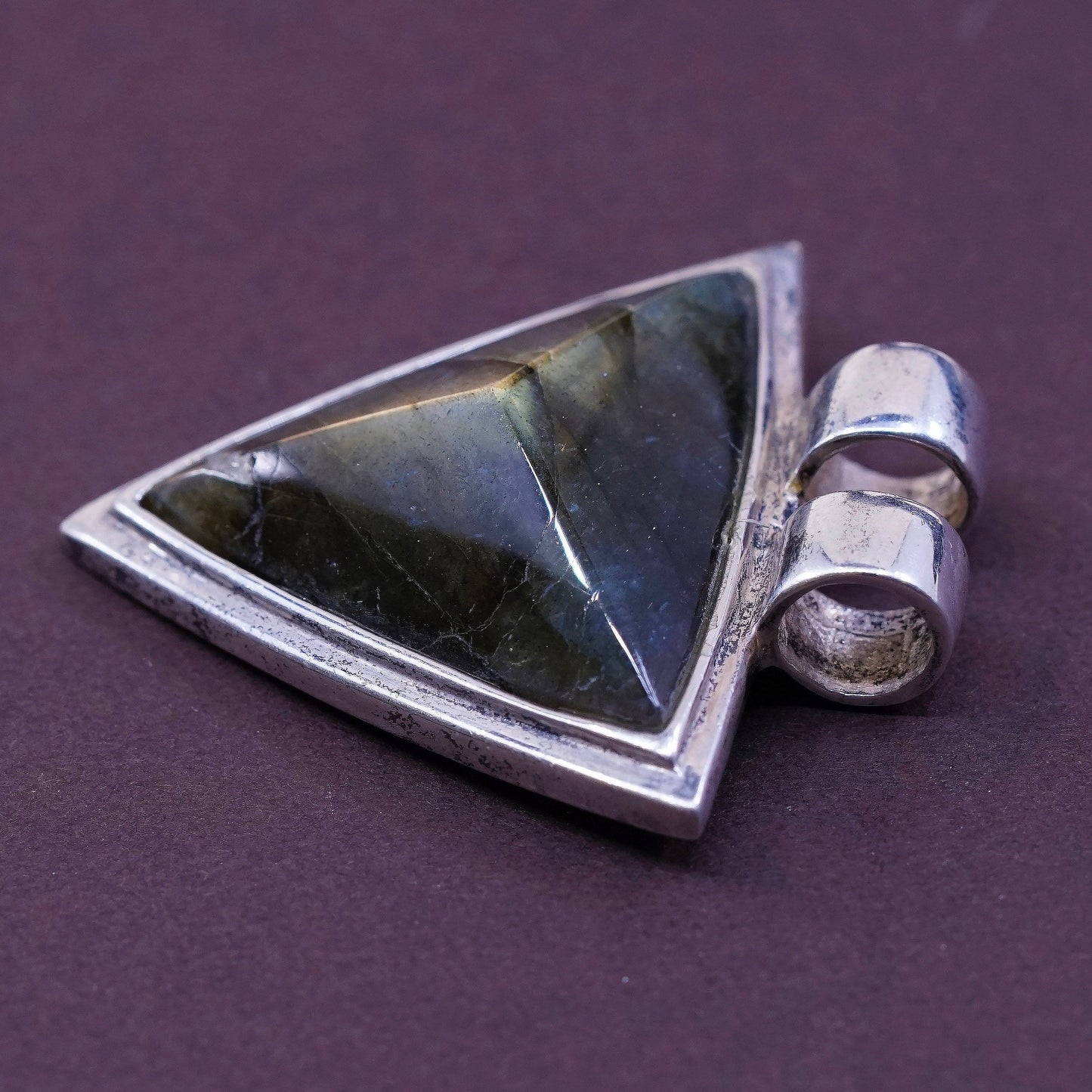 vtg Sterling silver handmade pendant, geometrical 925 w/ labradorite