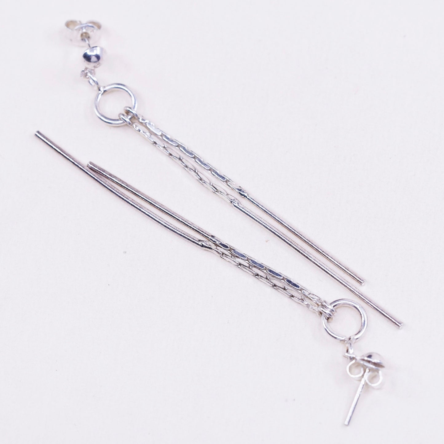Vintage sterling silver handmade earrings, 925 circle and fringe long drops