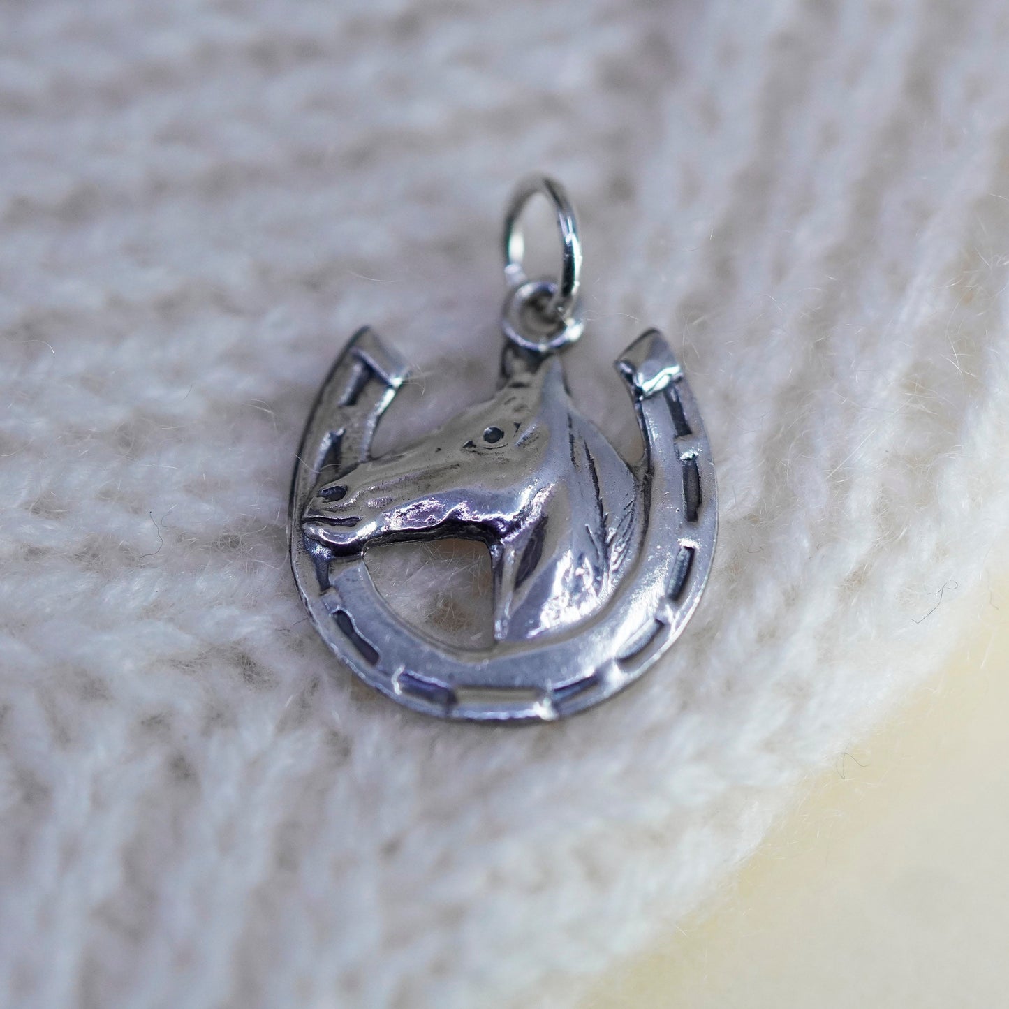 Handmade vintage Sterling silver pendant, 925 horse charm with horseshoe