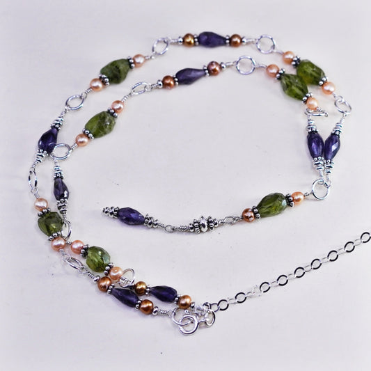 19+4”, vtg Sterling silver handmade necklace, 925 chain peridot amethyst pearl