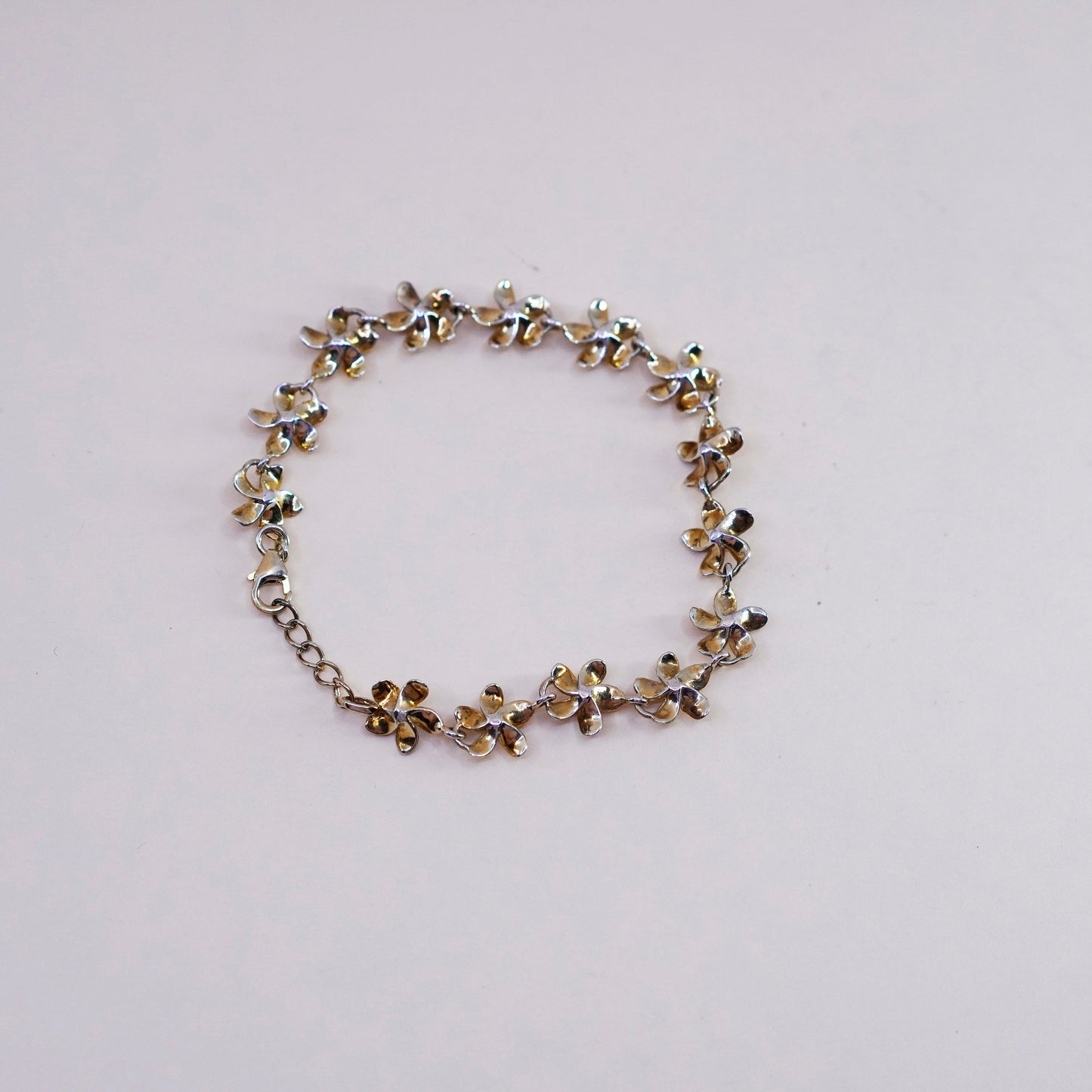 7.25”, vermeil gold sterling silver bracelet, 925 plumeria flowers cz, jewelry