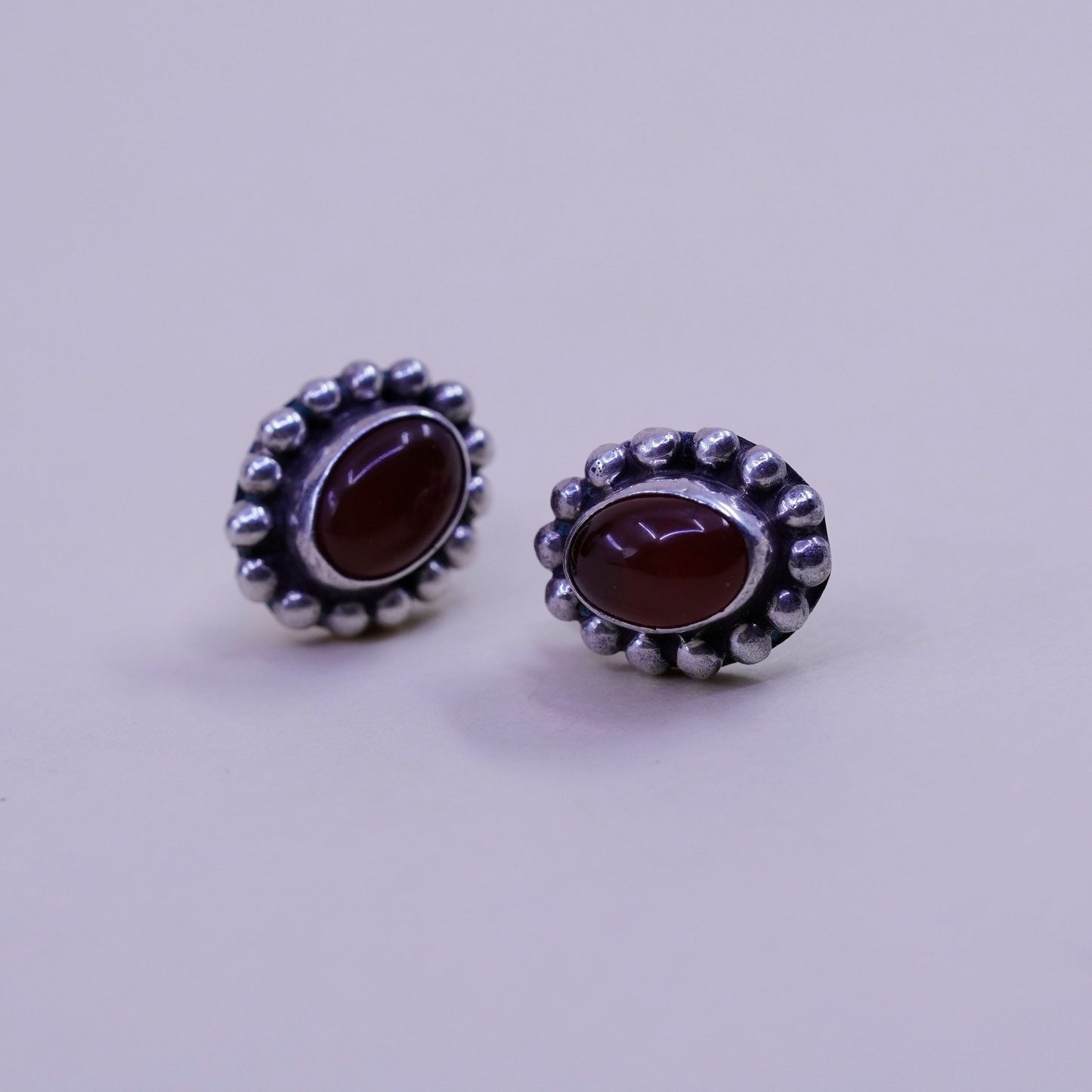 Vintage Sterling 925 silver handmade earrings, oval carnelian studs and beads