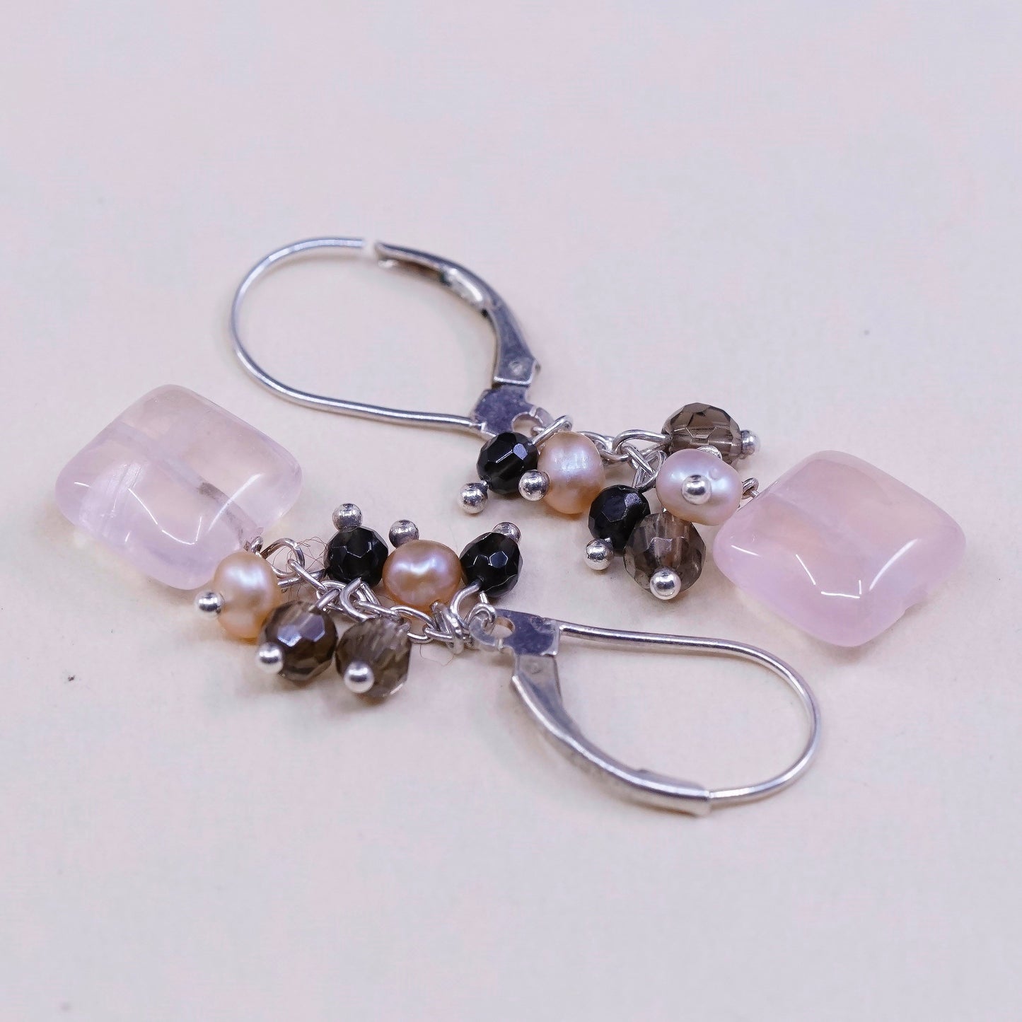 vtg Sterling silver handmade earrings, 925 with cluster pearl and pink quartz