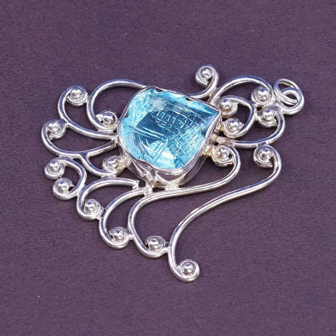 VTG Sterling silver handmade pendant, 925 swirl filigree w/ cushion blue topaz