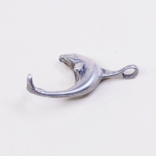 Vintage Sterling Silver Dolphin Pendant, Solid 925 Silver Charm, Stamped 925