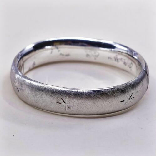 7.25”, Eton Hollow Sterling 925 Silver Hinged Bangle W/ Star Pattern N Matt Surf