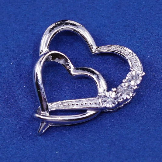 vtg Sterling silver handmade pendant, 925 double heart w/ genuine diamond